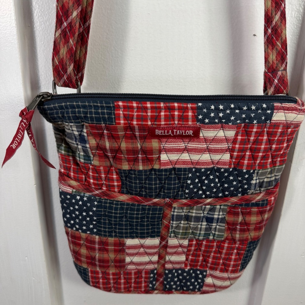 Bella Taylor Quilted Patchwork Crossbody Bag Americana Red/WhiteBlue Stars Plaid